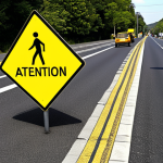 ** A yellow warning sign depicting "attention pedestrians" on a road, emphasizing caution and slower speed.

**
