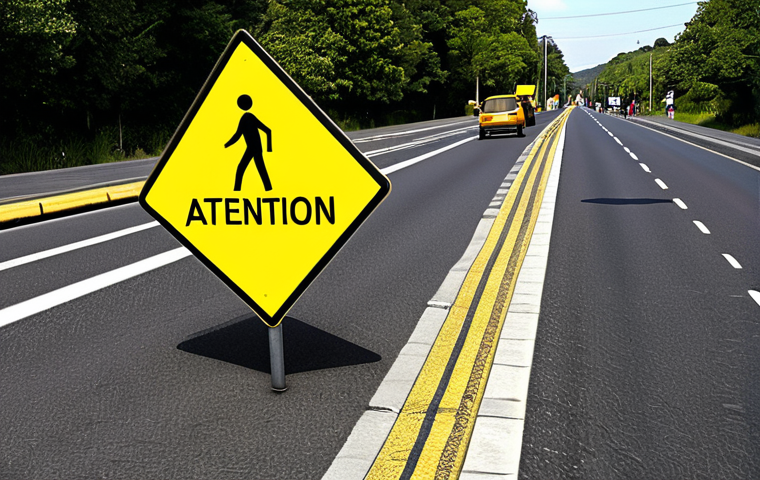 ** A yellow warning sign depicting "attention pedestrians" on a road, emphasizing caution and slower speed.

**