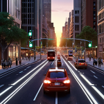 **

> A modern city street scene at dusk. Focus on the intersection, showcasing intelligent traffic lights dynamically adjusting to real-time traffic flow. Include cars, buses, and pedestrians. The overall impression is technologically advanced and efficient, emphasizing the role of urban traffic planning designers.

**