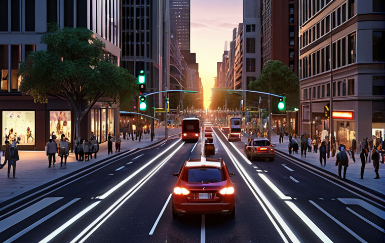 **

> A modern city street scene at dusk. Focus on the intersection, showcasing intelligent traffic lights dynamically adjusting to real-time traffic flow. Include cars, buses, and pedestrians. The overall impression is technologically advanced and efficient, emphasizing the role of urban traffic planning designers.

**