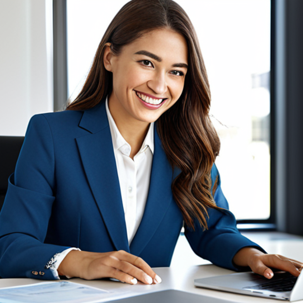 **

A modern female professional, wearing a stylish, modest business suit in a bright, contemporary office. She's smiling confidently, working on a laptop. Fully clothed, appropriate attire. Safe for work. Perfect anatomy, natural pose, professional photography, high quality.

**