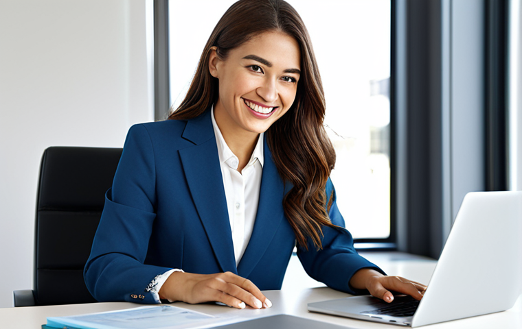 **

A modern female professional, wearing a stylish, modest business suit in a bright, contemporary office. She's smiling confidently, working on a laptop. Fully clothed, appropriate attire. Safe for work. Perfect anatomy, natural pose, professional photography, high quality.

**
