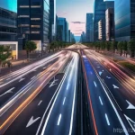 도로교통사 근무 경험자 조언 - **Smart City Traffic Flow at a Futuristic Intersection**
    A wide-angle, cinematic view of a bustl...