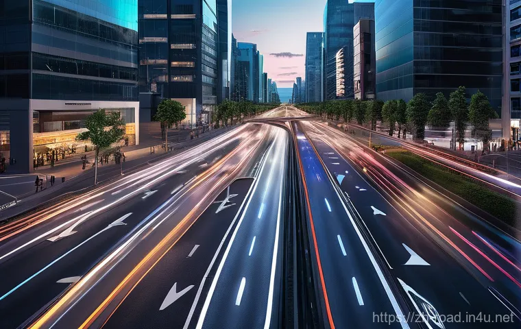 도로교통사 근무 경험자 조언 - **Smart City Traffic Flow at a Futuristic Intersection**
    A wide-angle, cinematic view of a bustl...