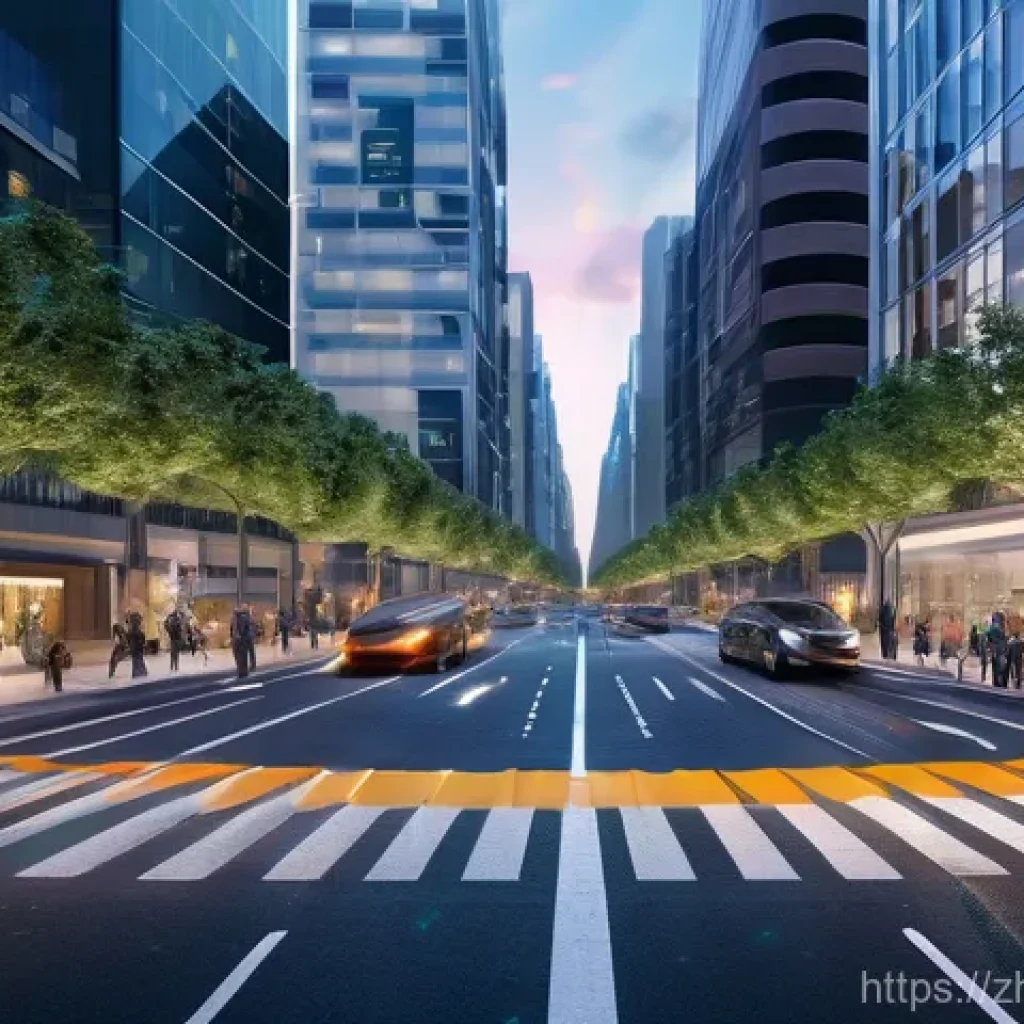 도로교통사 직업의 주요 트렌드 - **Prompt: Smart City & Autonomous Future**
A highly detailed, photorealistic image of a bustling...