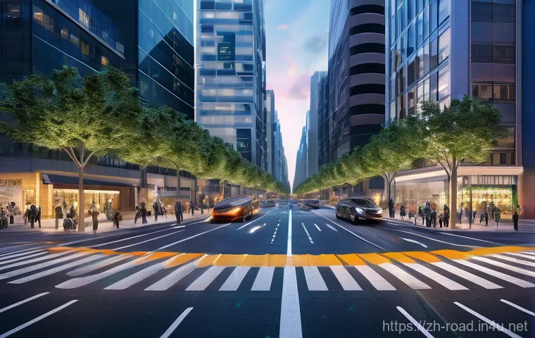 도로교통사 직업의 주요 트렌드 - **Prompt: Smart City & Autonomous Future**
A highly detailed, photorealistic image of a bustling...