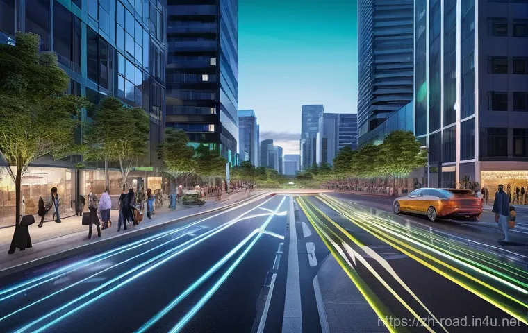 도로교통사 경력직으로의 전환 방법 - **Prompt:** A bustling, futuristic city intersection at dusk, showcasing an advanced Intelligent Tra...