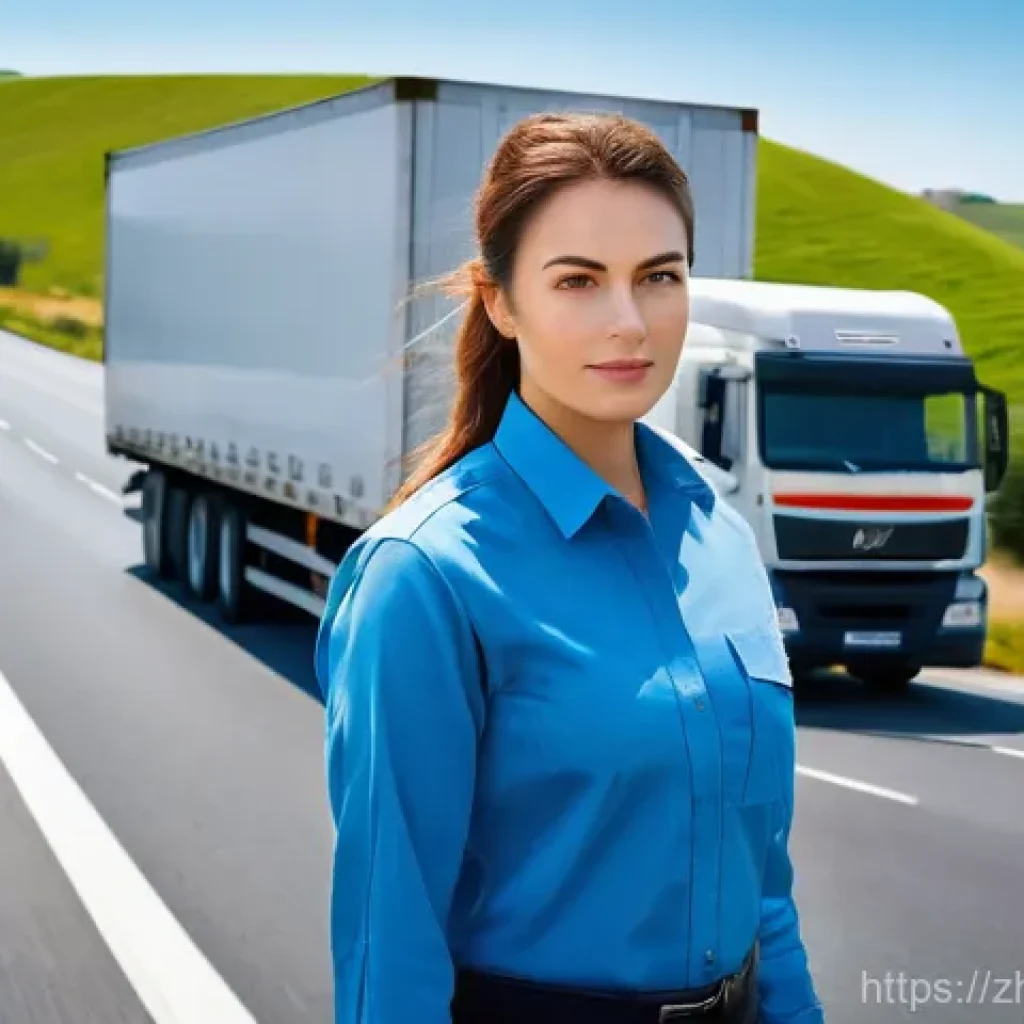 도로교통사 주요 자격 시험 비교 - A professional female truck driver, in her late 20s, with a focused expression, wearing a clean and ...
