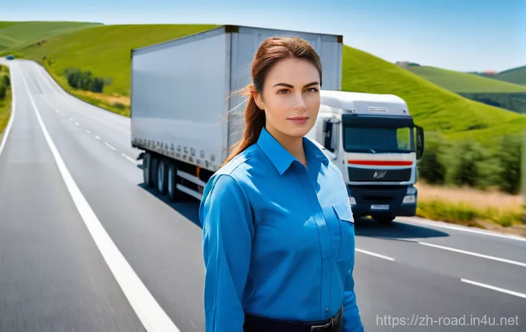 도로교통사 주요 자격 시험 비교 - A professional female truck driver, in her late 20s, with a focused expression, wearing a clean and ...