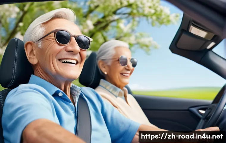 도로교통사 시험 준비를 위한 필수 학습 방법 - A cheerful elderly couple, both dressed in stylish, comfortable casual attire, is happily driving a ...