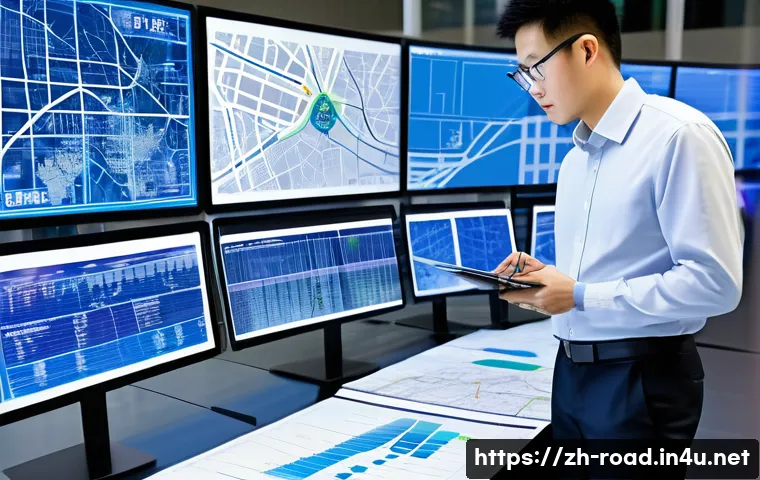 도로교통사와 교통안전 전문가 차이 - A detailed urban traffic planning scene showing a professional road traffic engineer at work: the en...