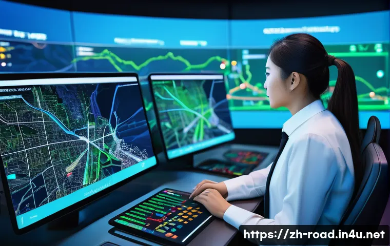 도로교통사 경력직 연봉 변화 추이 - A modern urban smart traffic control center bustling with diverse professionals in business casual a...