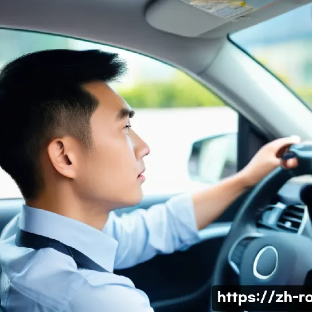 도로교통사 실기시험에서 주의할 점 - A detailed scene of a young Chinese learner driver practicing smooth vehicle start in a modern urban...