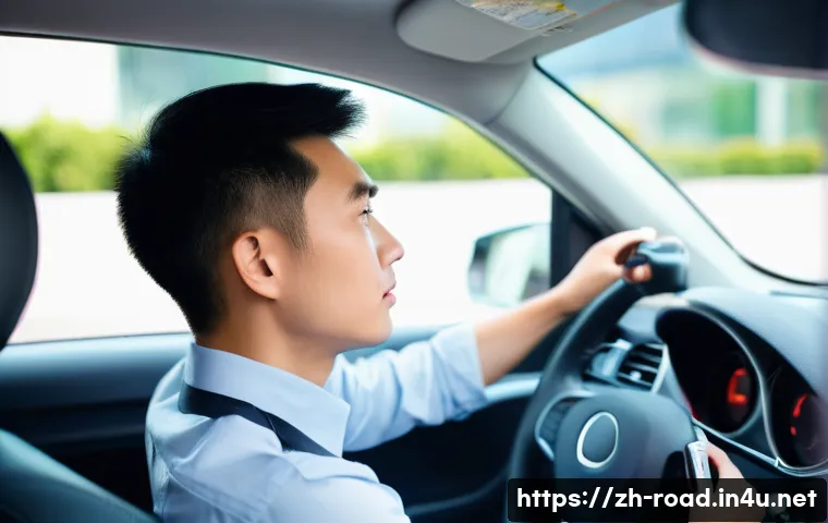 도로교통사 실기시험에서 주의할 점 - A detailed scene of a young Chinese learner driver practicing smooth vehicle start in a modern urban...