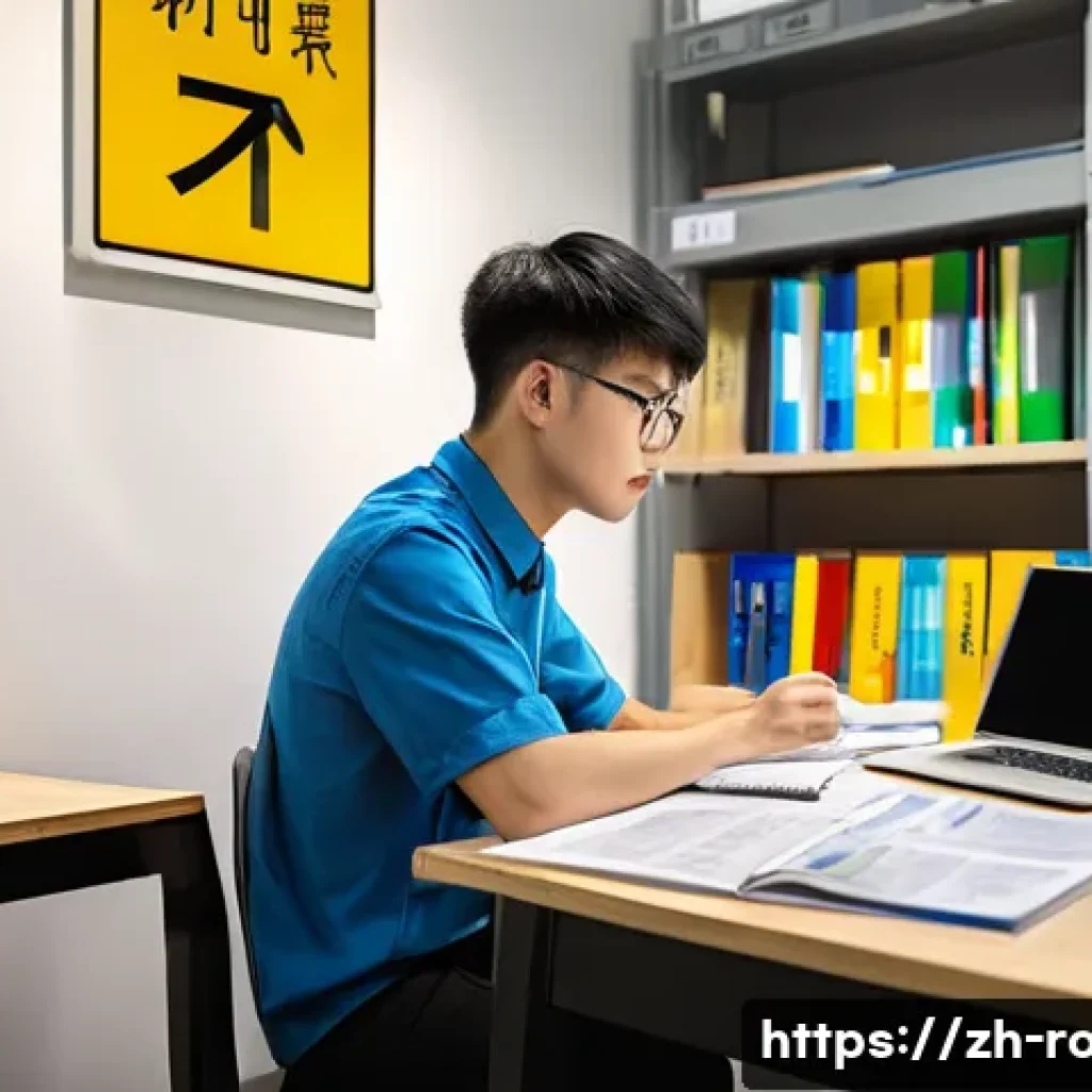 도로교통사 취업 성공 후기 - A modern study scene featuring a Chinese young adult male focused on preparing for a road traffic in...