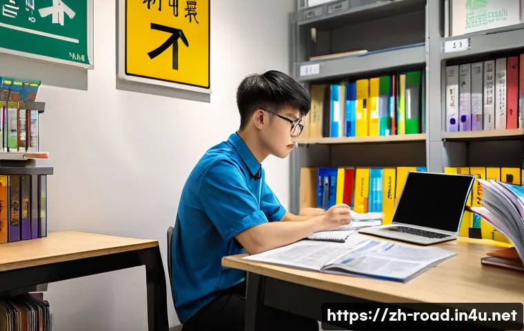 도로교통사 취업 성공 후기 - A modern study scene featuring a Chinese young adult male focused on preparing for a road traffic in...