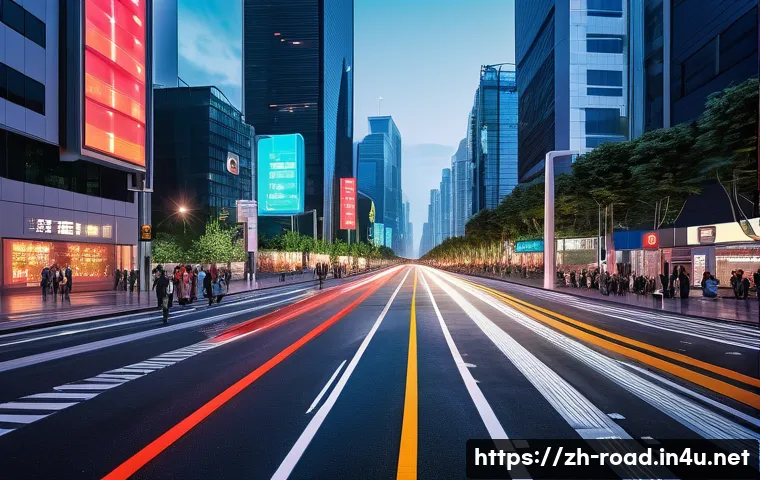 도로교통사 직무 수행을 위한 기술 - A futuristic urban traffic intersection at dusk with advanced smart traffic signal lights equipped w...