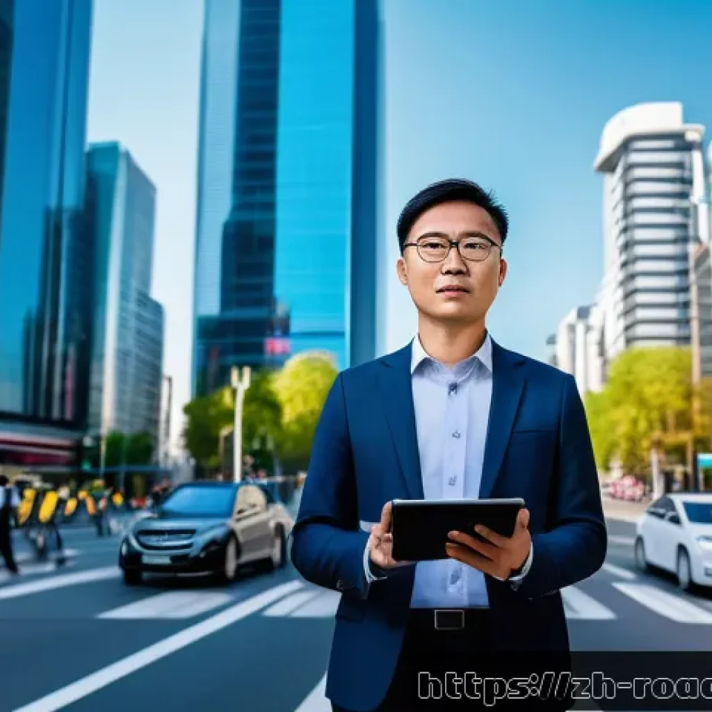 도로교통사 자격증 취득 후의 직업 선택 가이드 - A professional urban traffic manager wearing a neat business suit and glasses, standing confidently ...