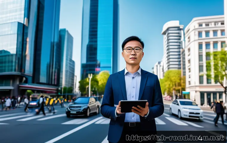 도로교통사 자격증 취득 후의 직업 선택 가이드 - A professional urban traffic manager wearing a neat business suit and glasses, standing confidently ...