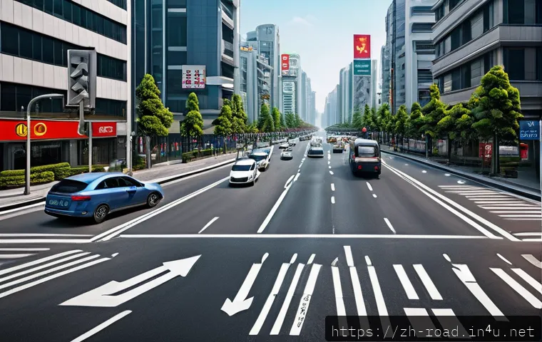 도로교통사 시험 관련 최신 법령 - A modern urban intersection scene under clear daylight, featuring advanced traffic signals with illu...