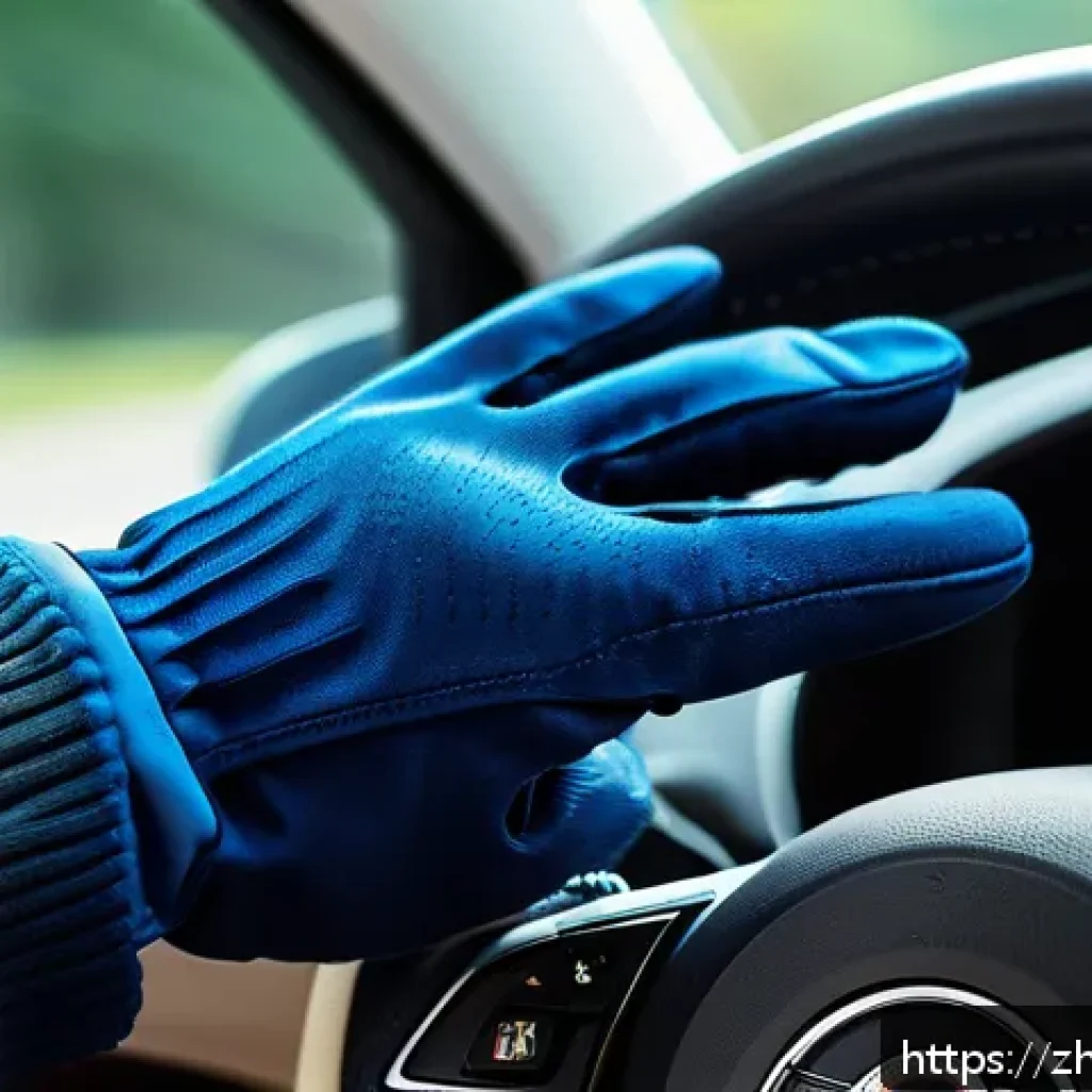 도로교통사 실기시험 필수 장비 - A detailed close-up of a driver’s hands wearing breathable, well-fitted driving gloves gripping a st...