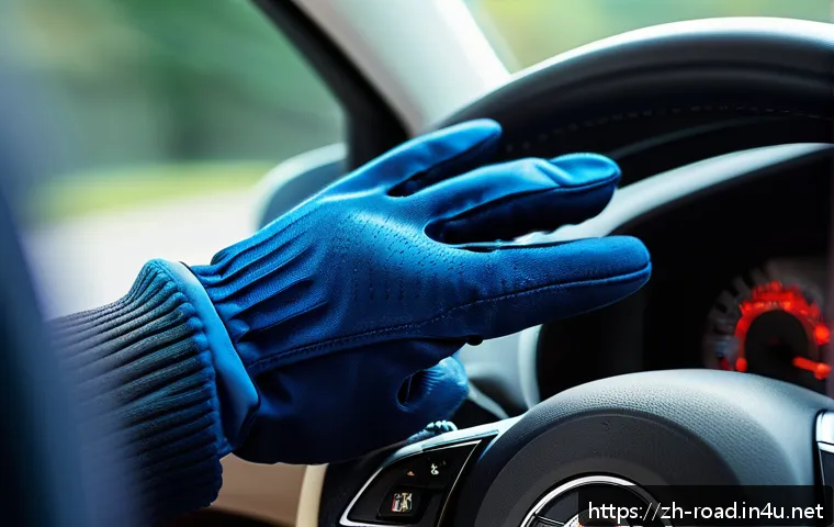 도로교통사 실기시험 필수 장비 - A detailed close-up of a driver&rsquo;s hands wearing breathable, well-fitted driving gloves gripping a st...