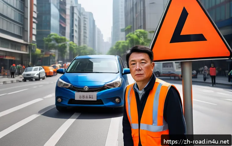 도로교통사 실습 과정 리뷰 - A calm and composed middle-aged Chinese driver wearing casual clothing and a safety vest, standing b...