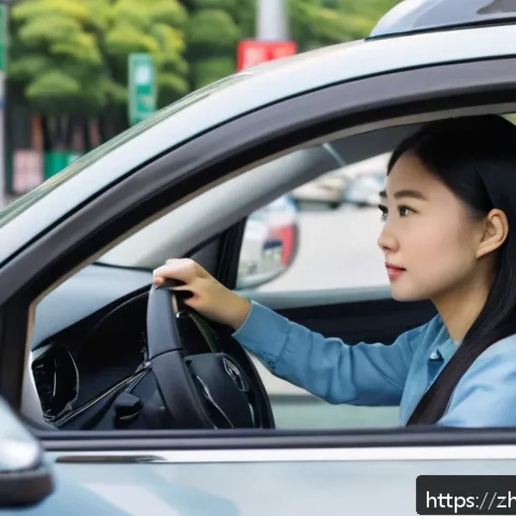 도로교통사 실기시험 준비 요령 - A young Asian woman practicing parallel parking in a modern urban driving test environment, wearing ...