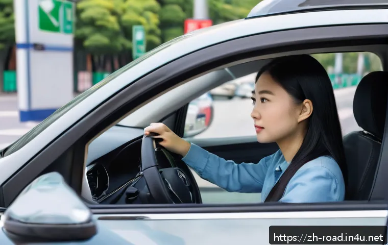 도로교통사 실기시험 준비 요령 - A young Asian woman practicing parallel parking in a modern urban driving test environment, wearing ...