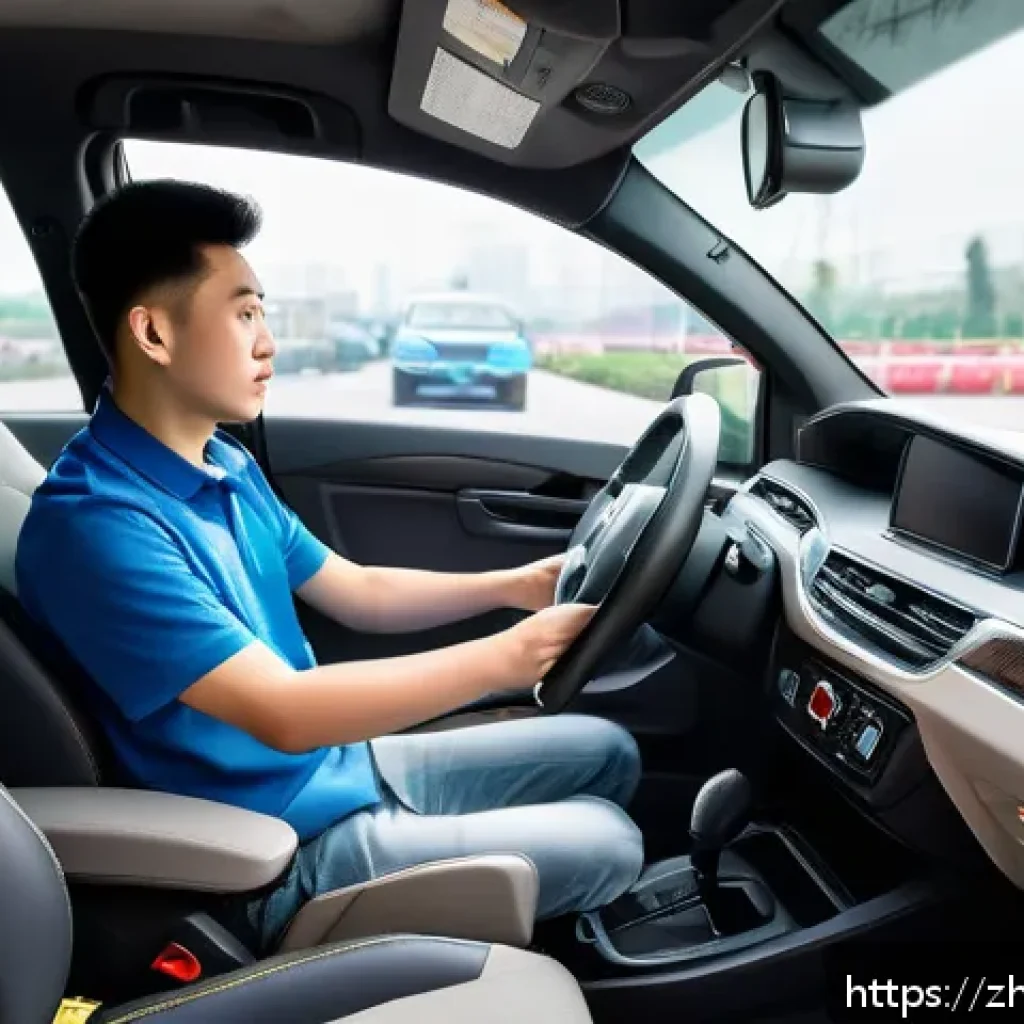 도로교통사 실기시험 준비를 위한 학습 자료 - A young adult Chinese learner practicing basic car controls inside a modern compact vehicle, focused...