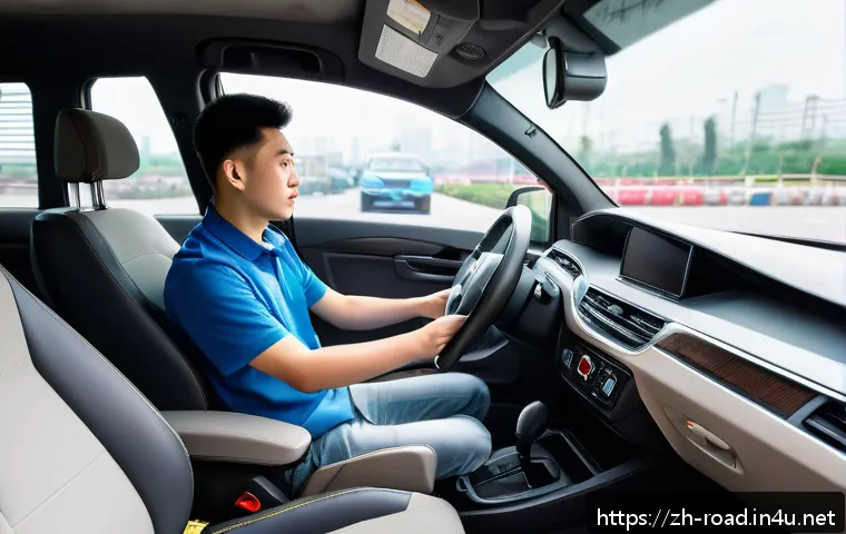 도로교통사 실기시험 준비를 위한 학습 자료 - A young adult Chinese learner practicing basic car controls inside a modern compact vehicle, focused...