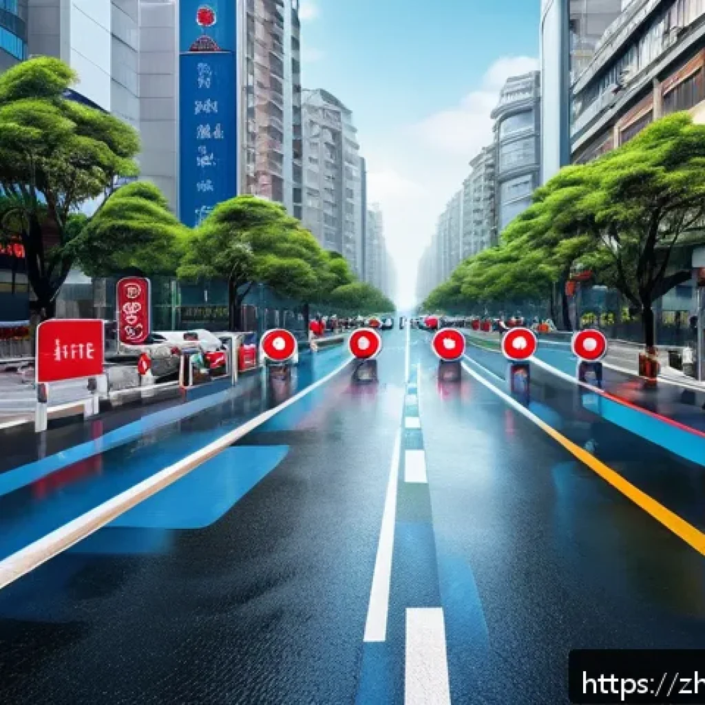 도로교통사 시험의 자주 묻는 질문 - A detailed urban street scene featuring a variety of modern Chinese simplified traffic signs: red tr...