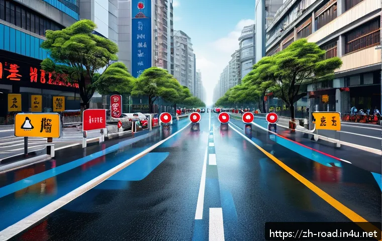 도로교통사 시험의 자주 묻는 질문 - A detailed urban street scene featuring a variety of modern Chinese simplified traffic signs: red tr...