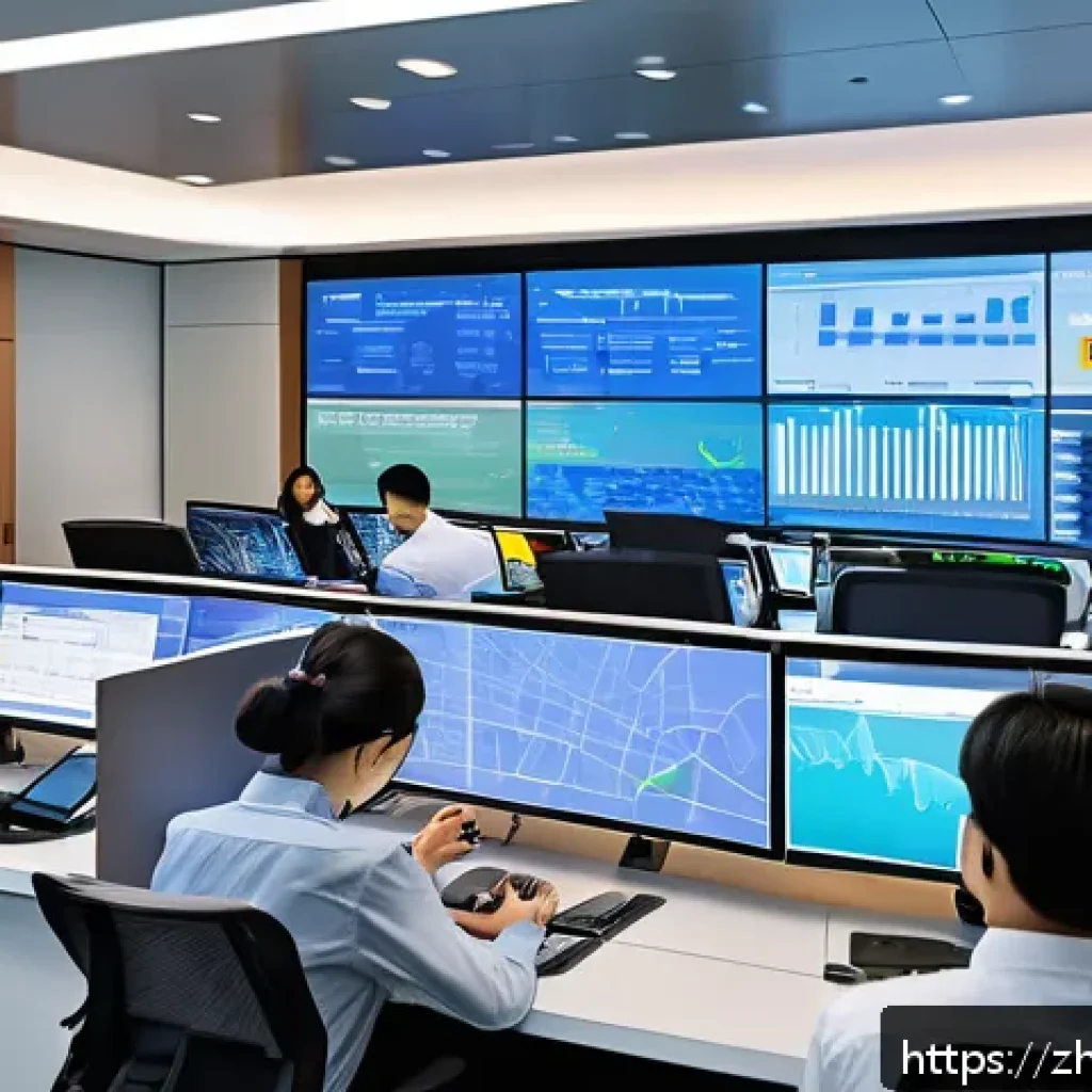 도로교통사 근무 환경과 장단점 - A modern urban traffic control center interior, featuring a diverse team of professional employees i...