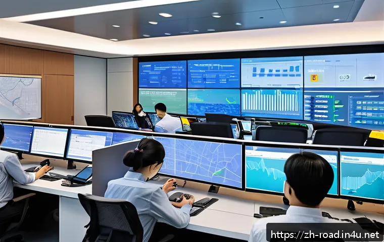 도로교통사 근무 환경과 장단점 - A modern urban traffic control center interior, featuring a diverse team of professional employees i...
