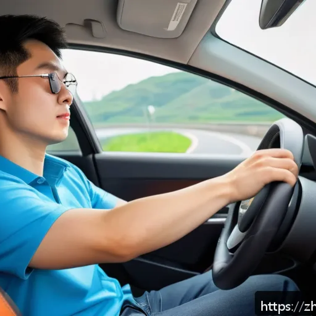도로교통사 필수 실습 항목 리뷰 - A young adult Chinese driver in casual clothing, seated inside a modern compact car, performing a sm...