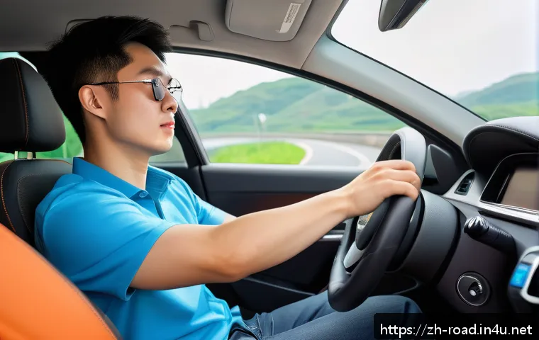 도로교통사 필수 실습 항목 리뷰 - A young adult Chinese driver in casual clothing, seated inside a modern compact car, performing a sm...