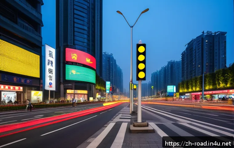 도로교통사 필기시험 예상문제 - A detailed urban street scene featuring a modern traffic intersection in China with multiple types o...