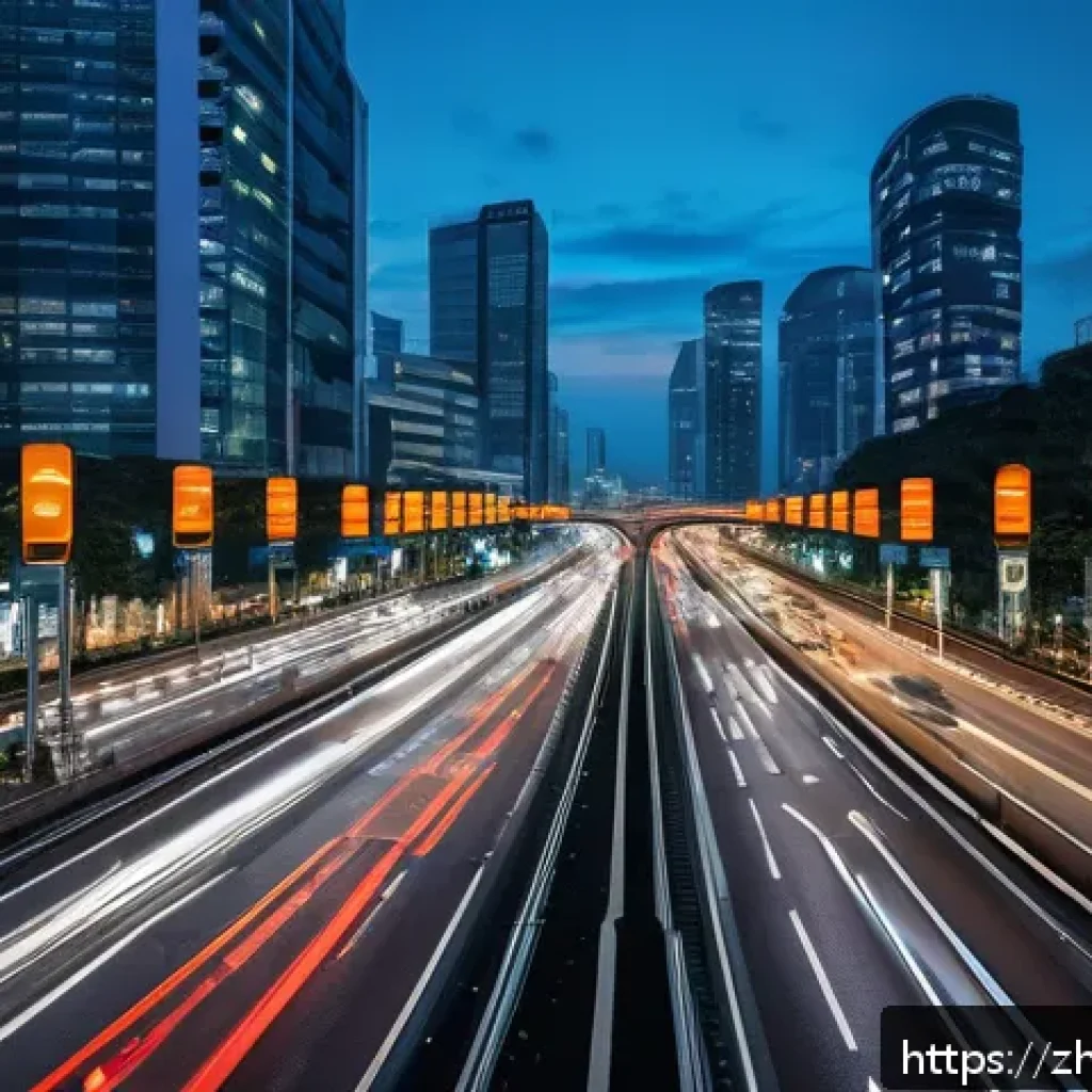 도로교통사 업무사례 모음 - A modern urban intersection at dusk featuring an intelligent traffic signal system with multiple tra...