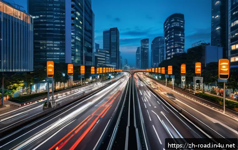 도로교통사 업무사례 모음 - A modern urban intersection at dusk featuring an intelligent traffic signal system with multiple tra...
