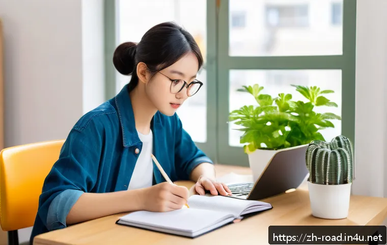 도로교통사 시험 준비를 위한 기본 학습 - A modern study scene featuring a young Chinese adult sitting at a tidy desk in a bright room, surrou...