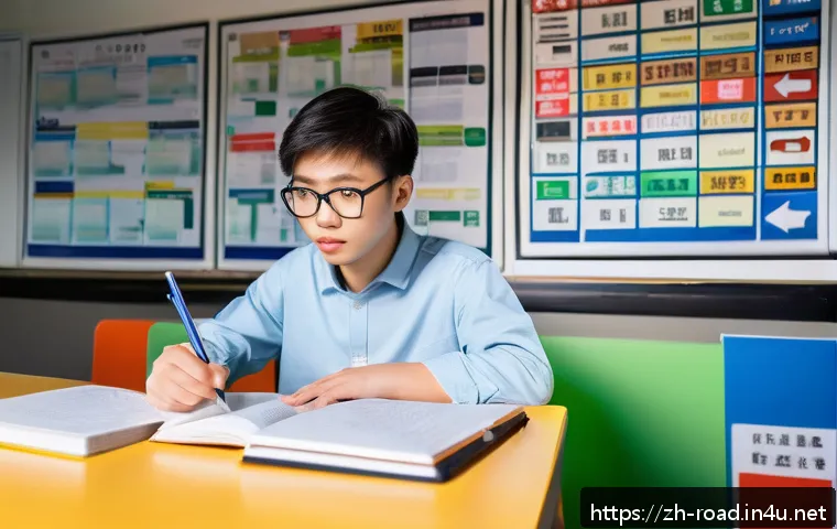 도로교통사 시험 준비 체크리스트 - A detailed educational scene showing a young Chinese adult studying for a driving safety exam in a m...