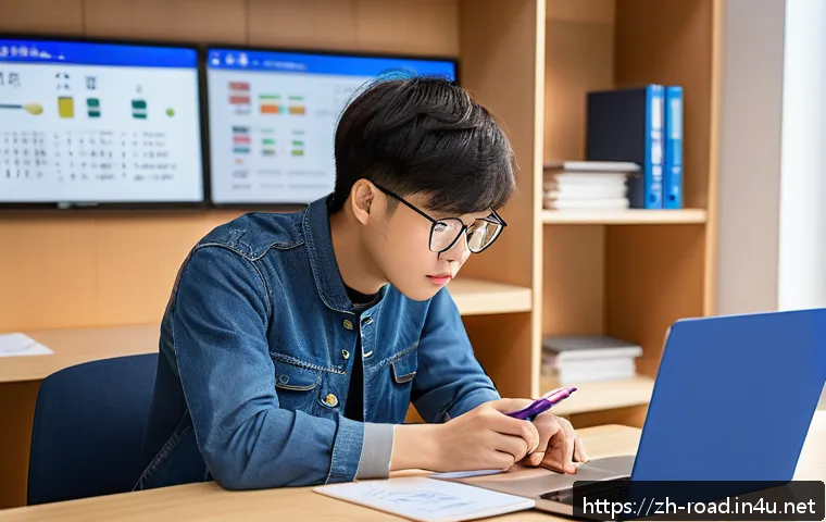 도로교통사 필기시험에서 실수 줄이기 - A modern study scene showing a young Chinese adult sitting at a clean desk in a bright room, intense...