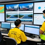 도로교통사 근무시간과 워라밸 - A modern traffic management control room scene in a bustling Chinese city, featuring diverse traffic...