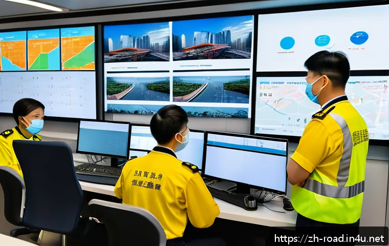 도로교통사 근무시간과 워라밸 - A modern traffic management control room scene in a bustling Chinese city, featuring diverse traffic...