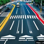 도로교통사 시험 난이도 분석 - A detailed urban traffic intersection scene illustrating various traffic signs and road markings: re...