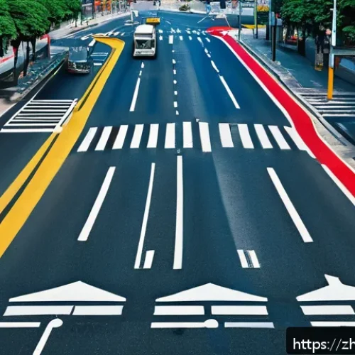 도로교통사 시험 난이도 분석 - A detailed urban traffic intersection scene illustrating various traffic signs and road markings: re...