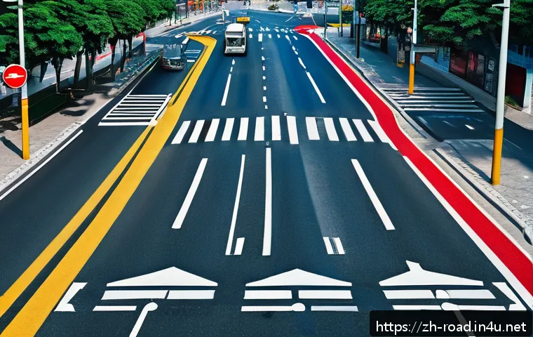 도로교통사 시험 난이도 분석 - A detailed urban traffic intersection scene illustrating various traffic signs and road markings: re...