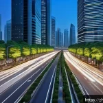 도로교통사 업무 평가 기준 - A futuristic smart city intersection during rush hour, featuring advanced adaptive traffic signal sy...