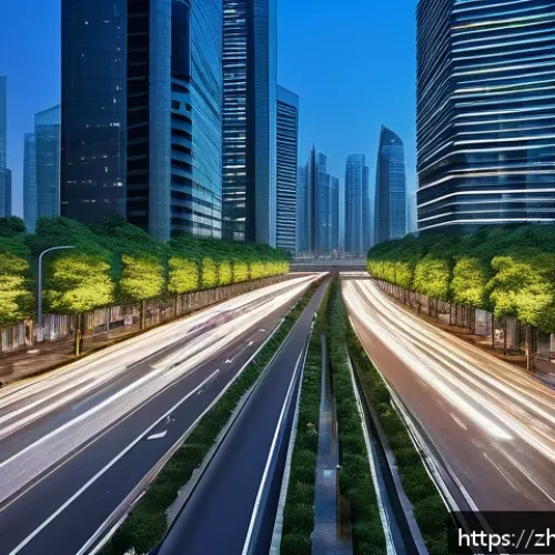 도로교통사 업무 평가 기준 - A futuristic smart city intersection during rush hour, featuring advanced adaptive traffic signal sy...
